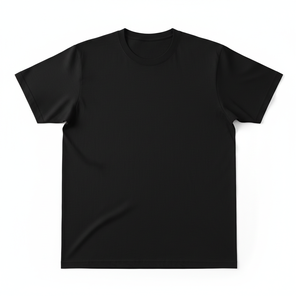A plain black T-shirt on a white background