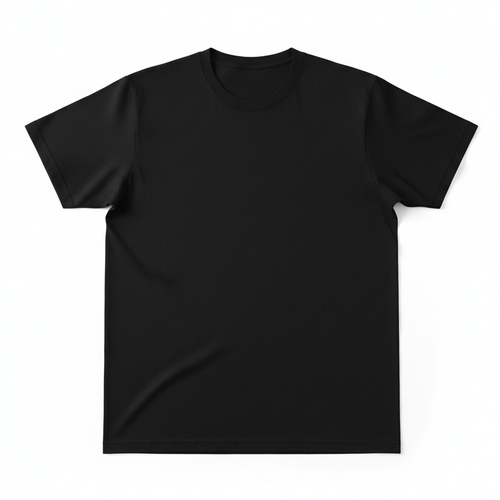 A plain black T-shirt on a white background